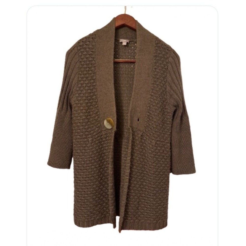 J Jill Single Button Woven Cardigan‎ Size M Wool Alpaca Brown V Neck 3/4 Sleeve